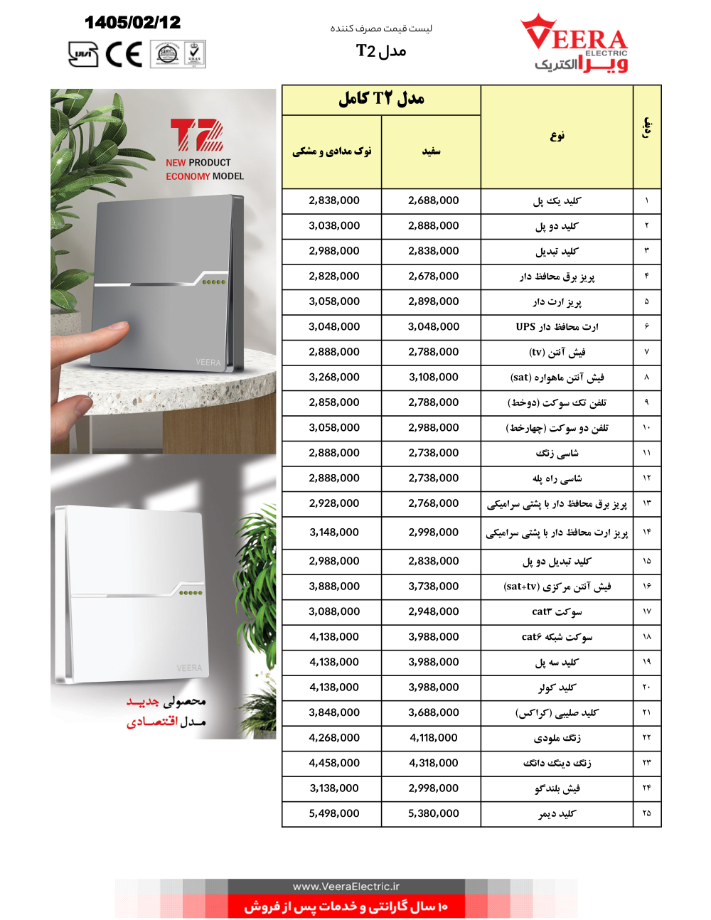 لیست قیمت کلید و پریز ویرا الکتریک اردیبهشت 1405 T2